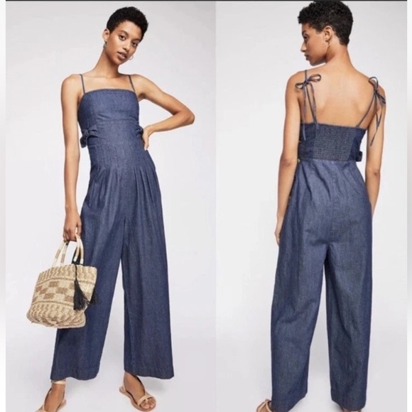 Free People Brittany Denim Jumpsuit Blue Tie Straps Button Casual Wide Leg Sz 2 - Picture 1 of 9